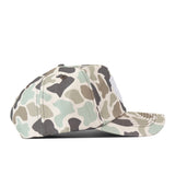 Side profile of a Kansas State Huntsman Hat, a licensed snapback baseball cap featuring a green, brown, and cream camouflage pattern with a white embroidered logo on the front.