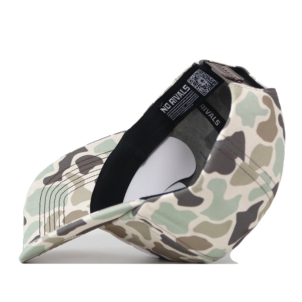 Side view of a Kansas State Huntsman Hat in camouflage, highlighting the embroidered logo, interior labeling, and adjustable snap back strap.