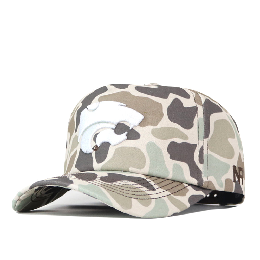Kansas State Huntsman Hat featuring a camo-print snapback design with an embroidered white wildcat logo on the front.