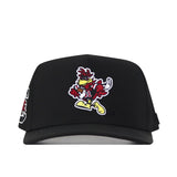 The South Carolina Gamecocks Football Mascot Hat in black by No Rivals showcases a cartoonish bird mascot dressed in yellow shoes and a red and yellow outfit, embroidered on the front. Featuring a snapback design for an adjustable fit, this hat’s bold logo embroidery adds standout character.