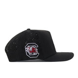 The No Rivals South Carolina Gamecocks Football Mascot Hat - Black features a flat, uncurved brim and a comfortable snap back closure. Crafted from performance fabric with perforated side panels, this hat is highlighted by a large white C outlined in black on the front and an embroidered Gamecock logo on the side.