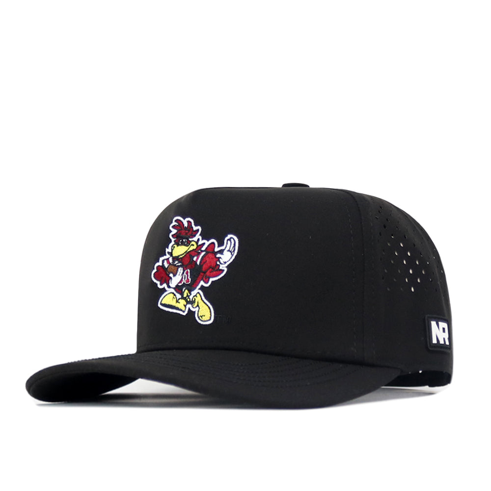 Show your Gamecocks spirit with the South Carolina Gamecocks Football Mascot Hat in black from No Rivals. This performance baseball cap features a cartoon bird mascot embroidered on the front, perforated side panels for ventilation, and a small NR label on the side. An adjustable snap back ensures a comfortable fit.