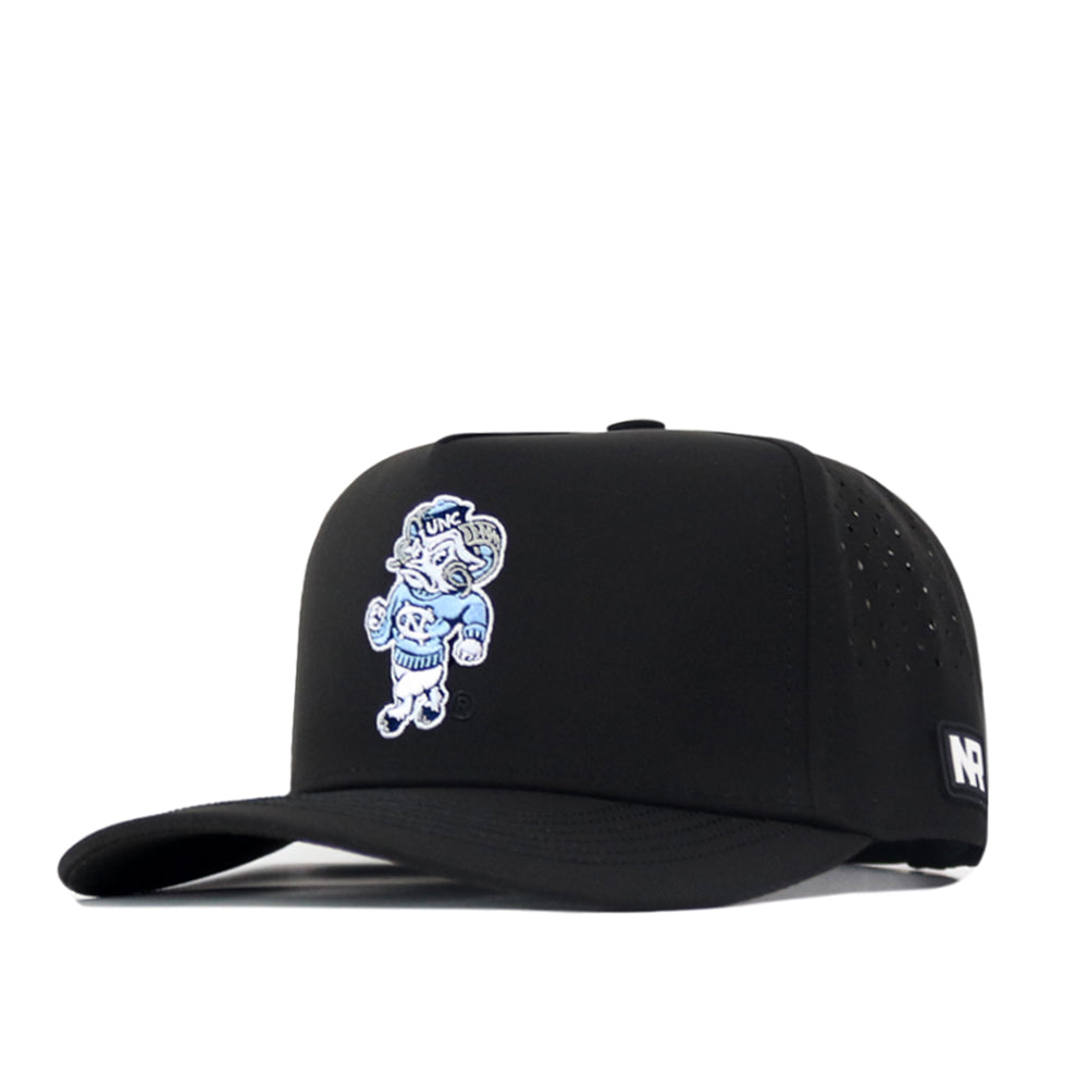 Show your fandom with the North Carolina Tar Heels Mascot Hat by No Rivals. This black performance fabric cap features an embroidered cartoon ram mascot on the front and a small NR logo patch on the left side. Designed for comfort, it includes perforated sides for ventilation and a snap back closure for an adjustable fit.