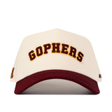 Introducing the Right Side Up Gophers Hat - Minnesota - Classic by No Rivals: This white baseball cap features a maroon brim and an officially licensed, embroidered logo. The word "GOPHERS" is stitched in maroon and gold across the front, and the adjustable fit is ensured with a convenient snap back closure.