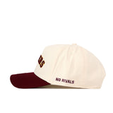 The Right Side Up Gophers Hat - Minnesota - Classic by No Rivals is a white baseball cap with a maroon brim, displayed from the side. "NO RIVALS" is embroidered in maroon on the side, alongside an officially licensed embroidered logo and a classic snap back closure for adjustable comfort.