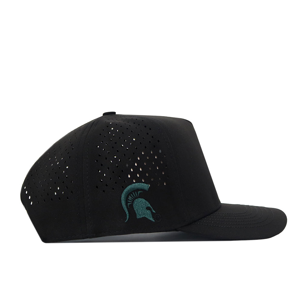 No Rivals Michigan State Spartans Football Mascot Hat in black, featuring performance fabric with perforated side panels and a teal Spartan helmet logo on the side. Shown in a side profile view against a white background, this hat includes an adjustable snap back for a secure fit.