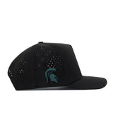 No Rivals Michigan State Spartans Football Mascot Hat in black, featuring performance fabric with perforated side panels and a teal Spartan helmet logo on the side. Shown in a side profile view against a white background, this hat includes an adjustable snap back for a secure fit.