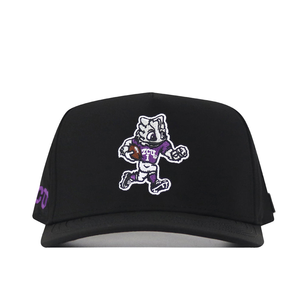 The TCU Horned Frogs Football Mascot Hat - Black by No Rivals is crafted from performance fabric and features an embroidered cartoon mascot in a purple TCU jersey holding a football, finished with a convenient snapback for an adjustable fit.