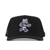 The TCU Horned Frogs Football Mascot Hat - Black by No Rivals is crafted from performance fabric and features an embroidered cartoon mascot in a purple TCU jersey holding a football, finished with a convenient snapback for an adjustable fit.