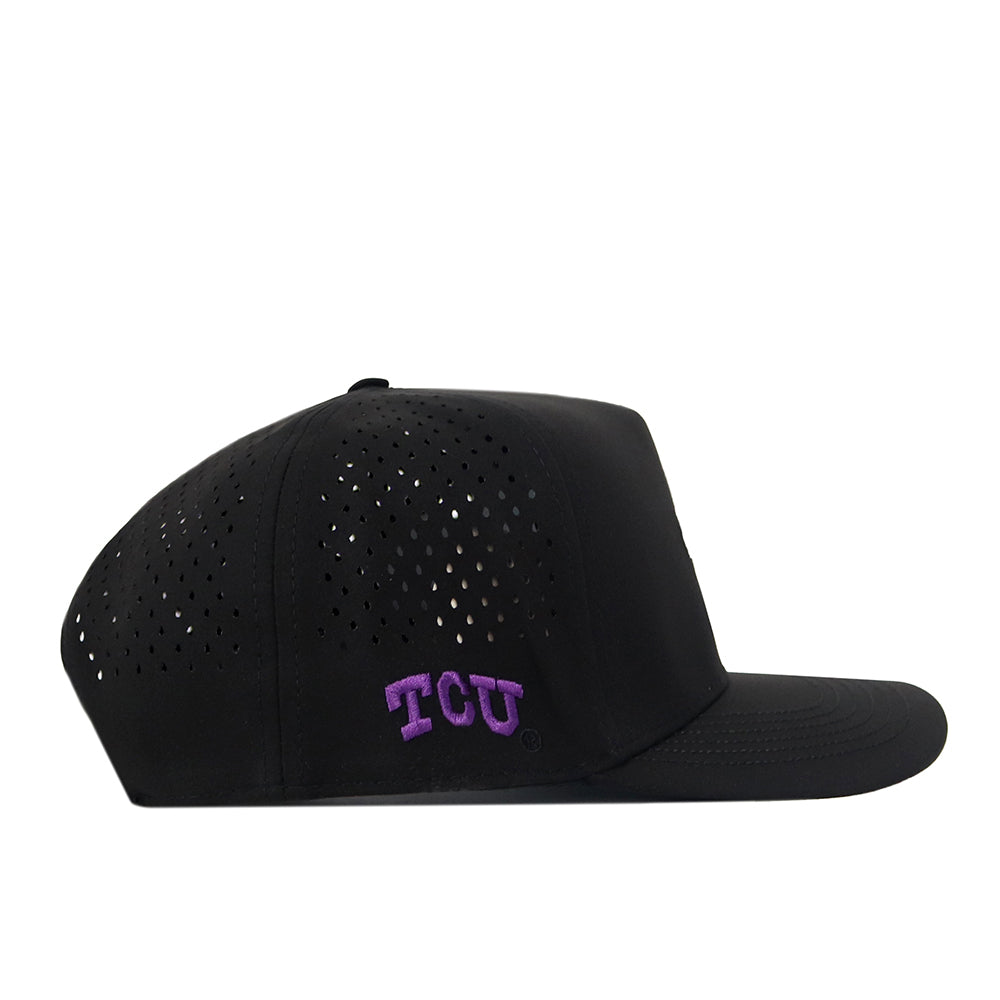 No Rivals TCU Horned Frogs Football Mascot Hat in black features small ventilation holes on the sides and “TCU” embroidered in purple and white above the brim on the left side. Crafted from performance fabric for enhanced comfort, this cap is shown from a side view against a white background.