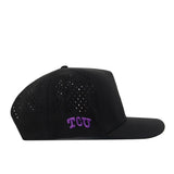 No Rivals TCU Horned Frogs Football Mascot Hat in black features small ventilation holes on the sides and “TCU” embroidered in purple and white above the brim on the left side. Crafted from performance fabric for enhanced comfort, this cap is shown from a side view against a white background.