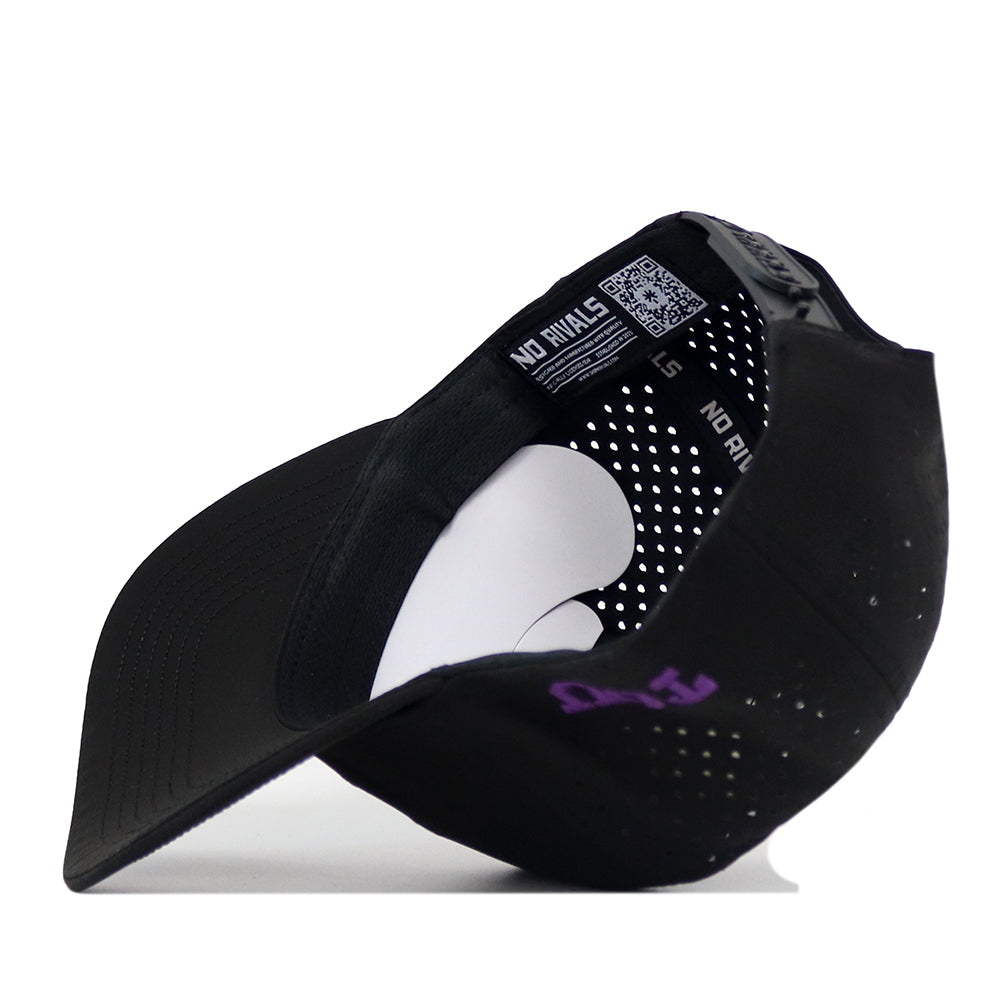 No Rivals TCU Horned Frogs Football Mascot Hat in black, displayed from underneath, highlights a perforated design made with performance fabric. It features an adjustable strap and visible interior tags. The underside of the bill showcases a purple embroidered logo, while the inside is finished with a heart-shaped sweatband.