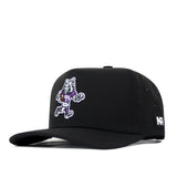 The TCU Horned Frogs Football Mascot Hat - Black by No Rivals features a cartoon horned frog mascot holding a football embroidered on the front panel, complemented by a white NR logo patch on the side. Crafted from performance fabric, this hat offers a slightly curved brim and an adjustable snapback for a comfortable fit.