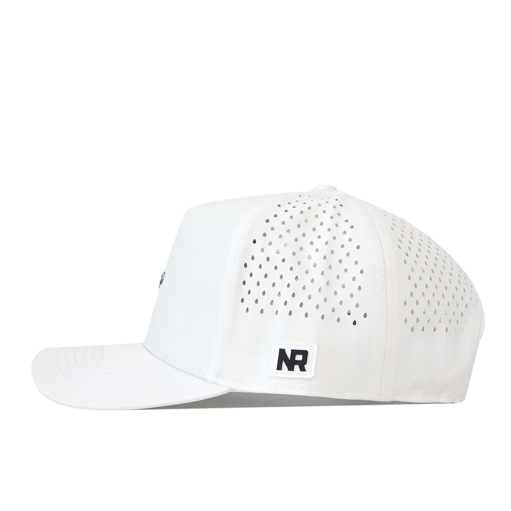 Side view of the TCU Horned Frogs Football Mascot Hat in white by No Rivals, featuring small ventilation holes and an embroidered NR logo patch on the side. Crafted from performance fabric for comfort and durability, this hat includes a convenient snap back closure for an adjustable fit.
