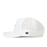 Side view of the TCU Horned Frogs Football Mascot Hat in white by No Rivals, featuring small ventilation holes and an embroidered NR logo patch on the side. Crafted from performance fabric for comfort and durability, this hat includes a convenient snap back closure for an adjustable fit.