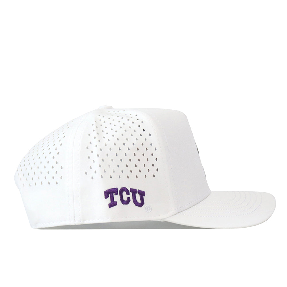 Show off your team spirit with the TCU Horned Frogs Football Mascot Hat in white by No Rivals. Crafted from performance fabric for comfort and durability, this hat features small ventilation holes and displays “TCU” in purple embroidered letters on the side. It’s finished with a convenient snap back closure for an adjustable fit.