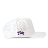 Show off your team spirit with the TCU Horned Frogs Football Mascot Hat in white by No Rivals. Crafted from performance fabric for comfort and durability, this hat features small ventilation holes and displays “TCU” in purple embroidered letters on the side. It’s finished with a convenient snap back closure for an adjustable fit.