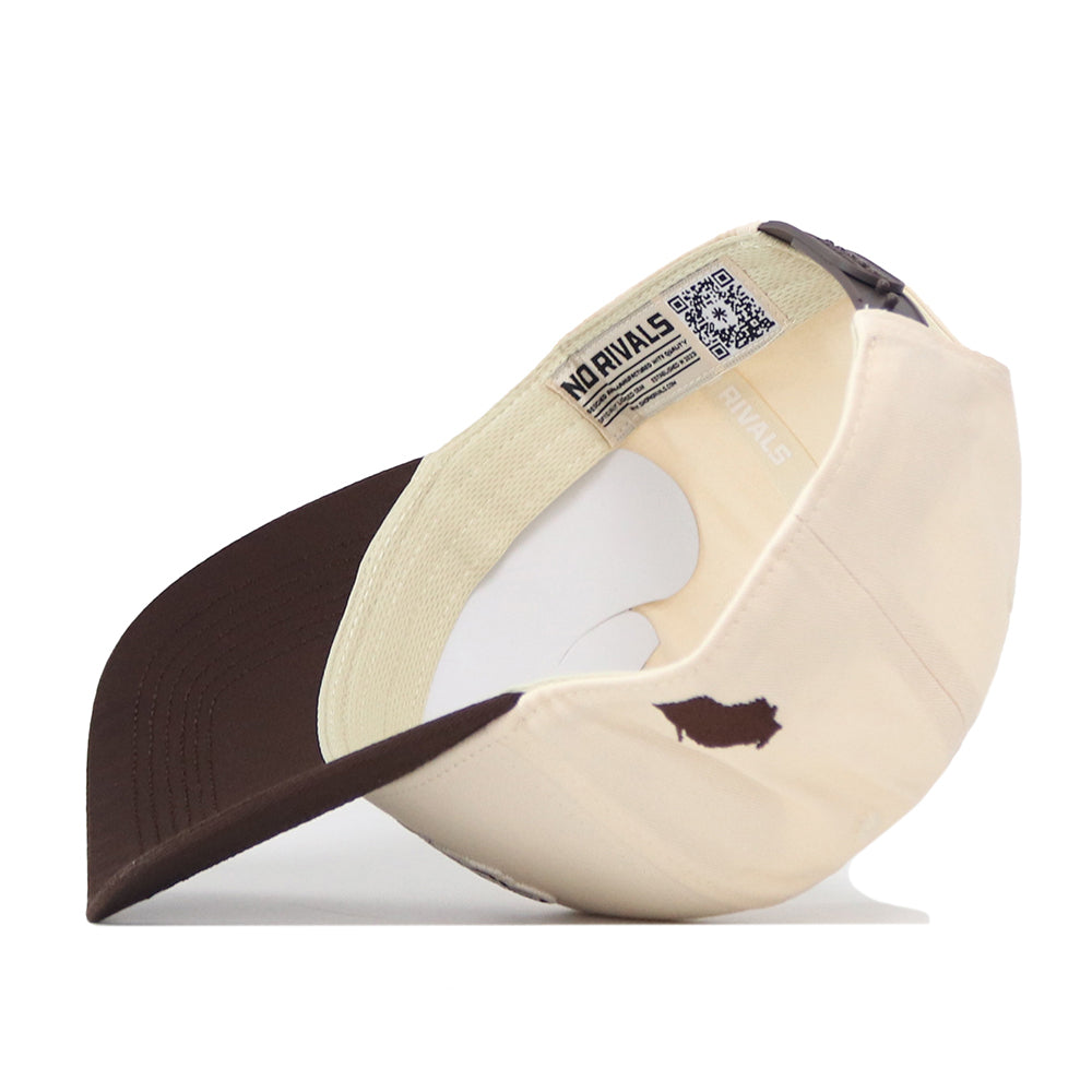 The Wisconsin Badgers Espresso Hat by No Rivals is pictured upside down, revealing a QR code and "NO RIVALS" text on the inner band, along with a small embroidered silhouette logo on the side—an ideal addition to your next Gameday Fit.