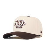 Show your Badgers spirit in the Wisconsin Badgers Espresso Hat by No Rivals—a beige and brown baseball cap featuring an embroidered badger mascot on the front, NR initials on the side, and a classic snapback closure for the perfect gameday fit.