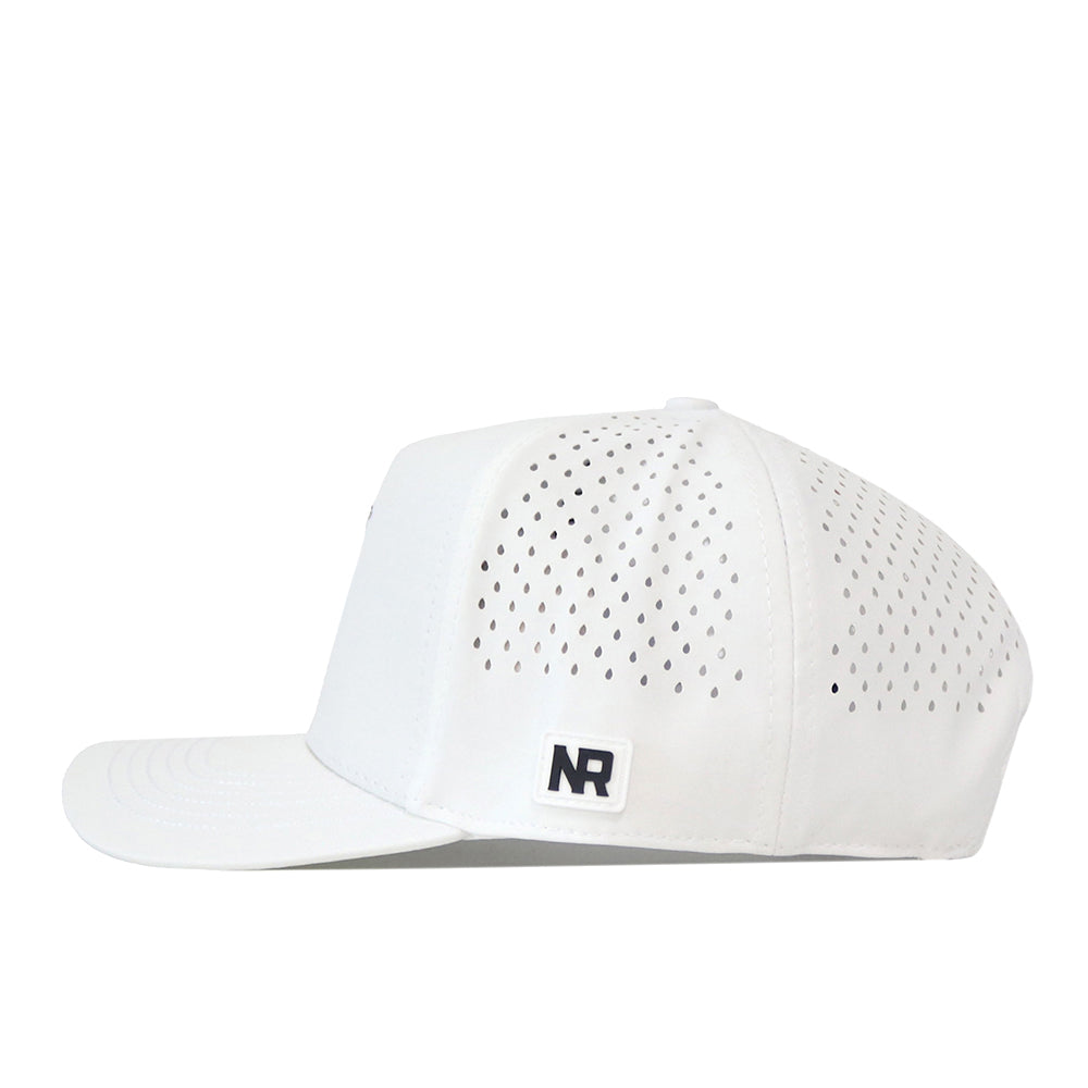 Introducing the Minnesota Football Mascot Hat - White by No Rivals: a high-quality cotton snapback baseball cap featuring a flat brim and small perforated holes on the side and back panels. This stylish hat showcases a black and white embroidered NR logo patch on the side near the brim.