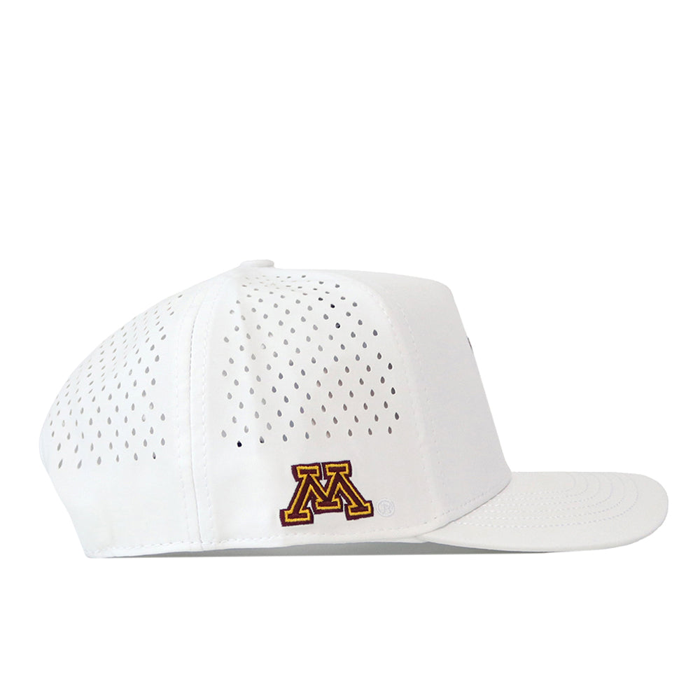 The No Rivals Minnesota Football Mascot Hat - White is a high-quality cotton baseball cap with perforated detailing, featuring a gold and maroon embroidered M logo on the side. Displayed from the left profile against a plain white background, this cap offers a convenient snap back adjustment for a customizable fit.