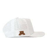 The No Rivals Minnesota Football Mascot Hat - White is a high-quality cotton baseball cap with perforated detailing, featuring a gold and maroon embroidered M logo on the side. Displayed from the left profile against a plain white background, this cap offers a convenient snap back adjustment for a customizable fit.