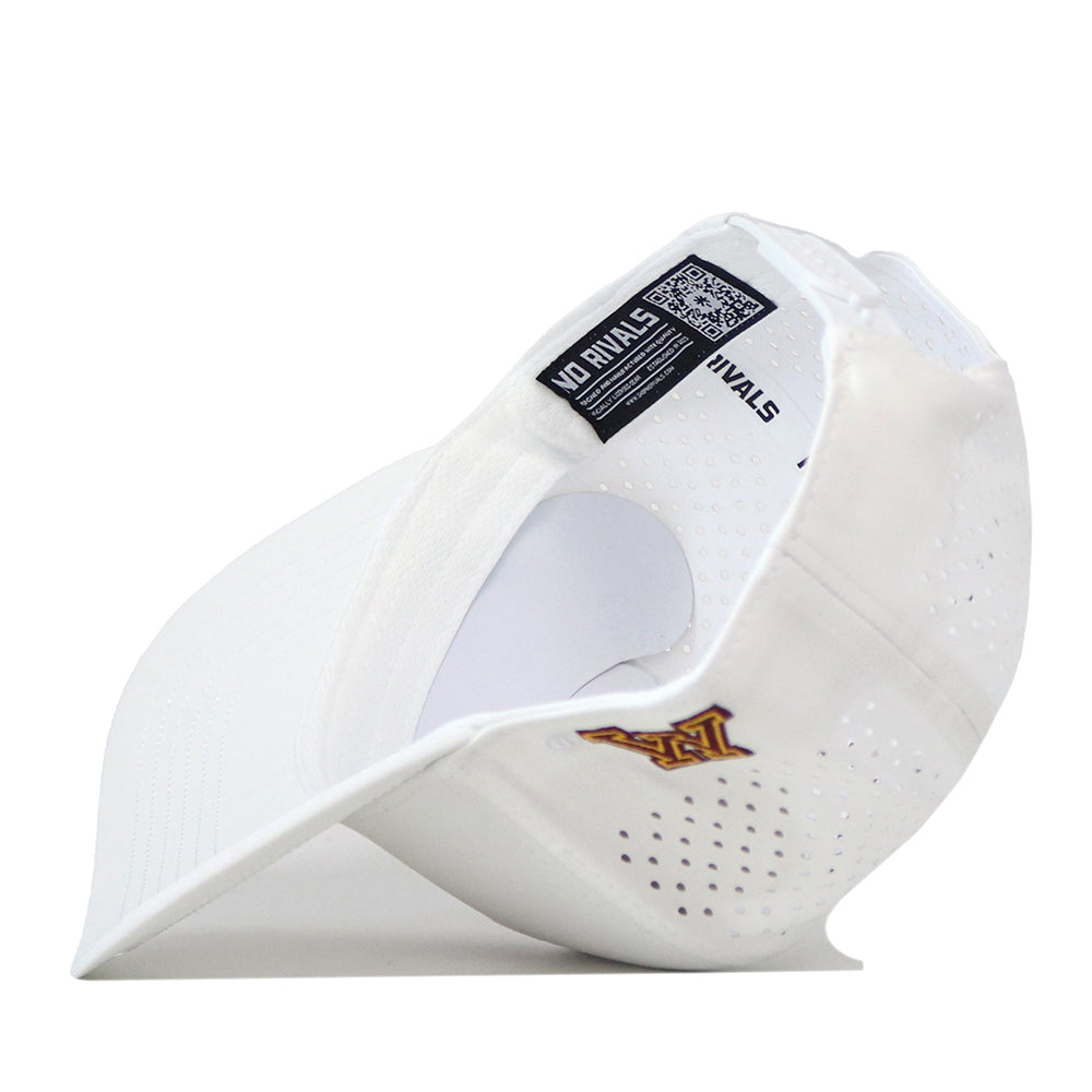 The Minnesota Football Mascot Hat - White by No Rivals is crafted from high-quality cotton and features small ventilation holes for breathability. Shown turned upside down, the hat reveals an inner label inside the crown and displays a gold and maroon embroidered logo on the side. It also offers a customizable fit with its snap back adjustment.