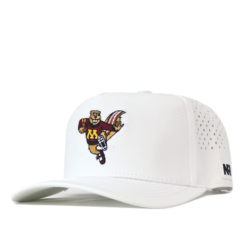Introducing the Minnesota Football Mascot Hat - White by No Rivals, a high-quality cotton baseball cap featuring a perforated side panel and an embroidered cartoon mascot on the front, dressed in maroon and gold with an “M” on its chest. The left side of the brim is accented with a black NR logo embroidery.