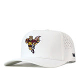 Introducing the Minnesota Football Mascot Hat - White by No Rivals, a high-quality cotton baseball cap featuring a perforated side panel and an embroidered cartoon mascot on the front, dressed in maroon and gold with an “M” on its chest. The left side of the brim is accented with a black NR logo embroidery.