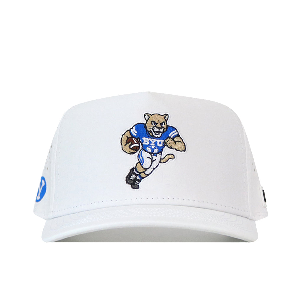 The BYU Cougars Football Mascot Hat - White by No Rivals features an embroidered cartoon cougar in a blue BYU football jersey running with a football. Made from performance fabric for lasting comfort and durability, this cap offers an adjustable snap back and displays a striking embroidered logo.