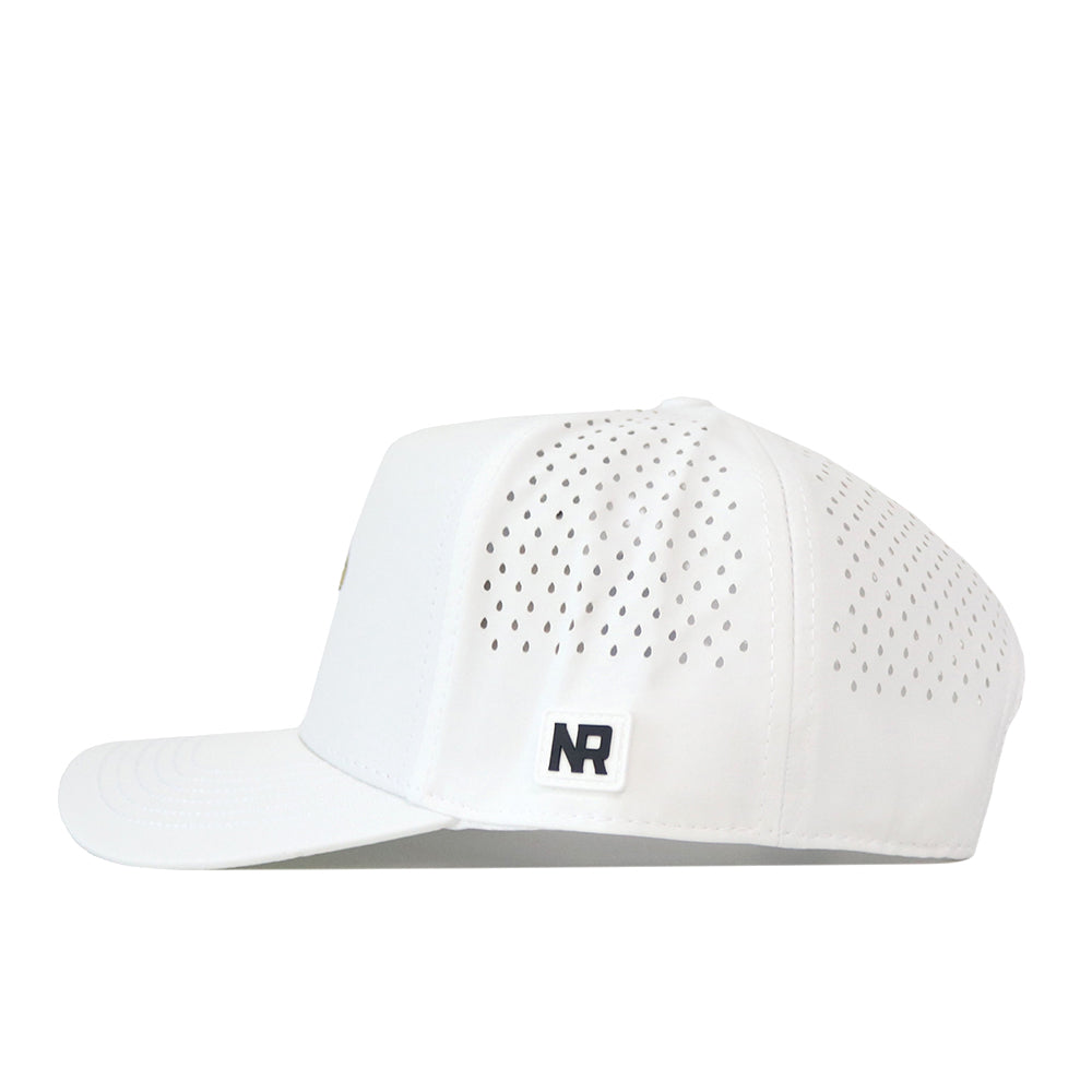 Sure! Here’s your rewritten sentence using the provided product data: Side view of the BYU Cougars Football Mascot Hat in white by No Rivals, featuring small ventilation holes on the back panel and a small rectangular white patch with black “NR” lettering sewn near the brim. Crafted from performance fabric, this hat offers comfort and durability for everyday wear.