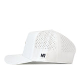 Sure! Here’s your rewritten sentence using the provided product data: Side view of the BYU Cougars Football Mascot Hat in white by No Rivals, featuring small ventilation holes on the back panel and a small rectangular white patch with black “NR” lettering sewn near the brim. Crafted from performance fabric, this hat offers comfort and durability for everyday wear.