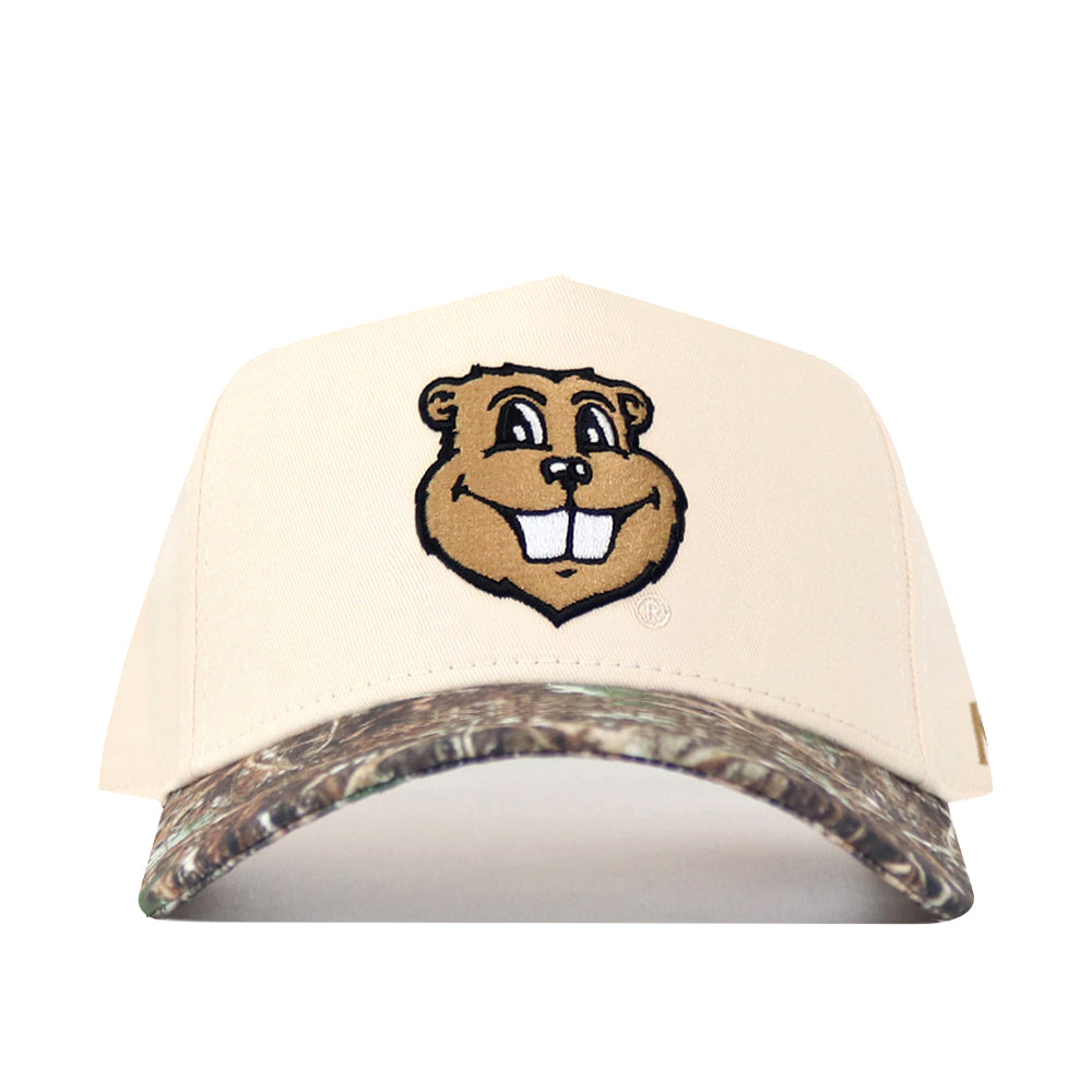 Introducing the Minnesota Gophers Camo Connector Hat by No Rivals—a beige baseball cap featuring an officially licensed cartoon gopher face embroidered on the front. The brim sports a distinctive camouflage pattern, and the adjustable snap back closure provides both style and comfort for any fan.