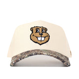 Introducing the Minnesota Gophers Camo Connector Hat by No Rivals—a beige baseball cap featuring an officially licensed cartoon gopher face embroidered on the front. The brim sports a distinctive camouflage pattern, and the adjustable snap back closure provides both style and comfort for any fan.