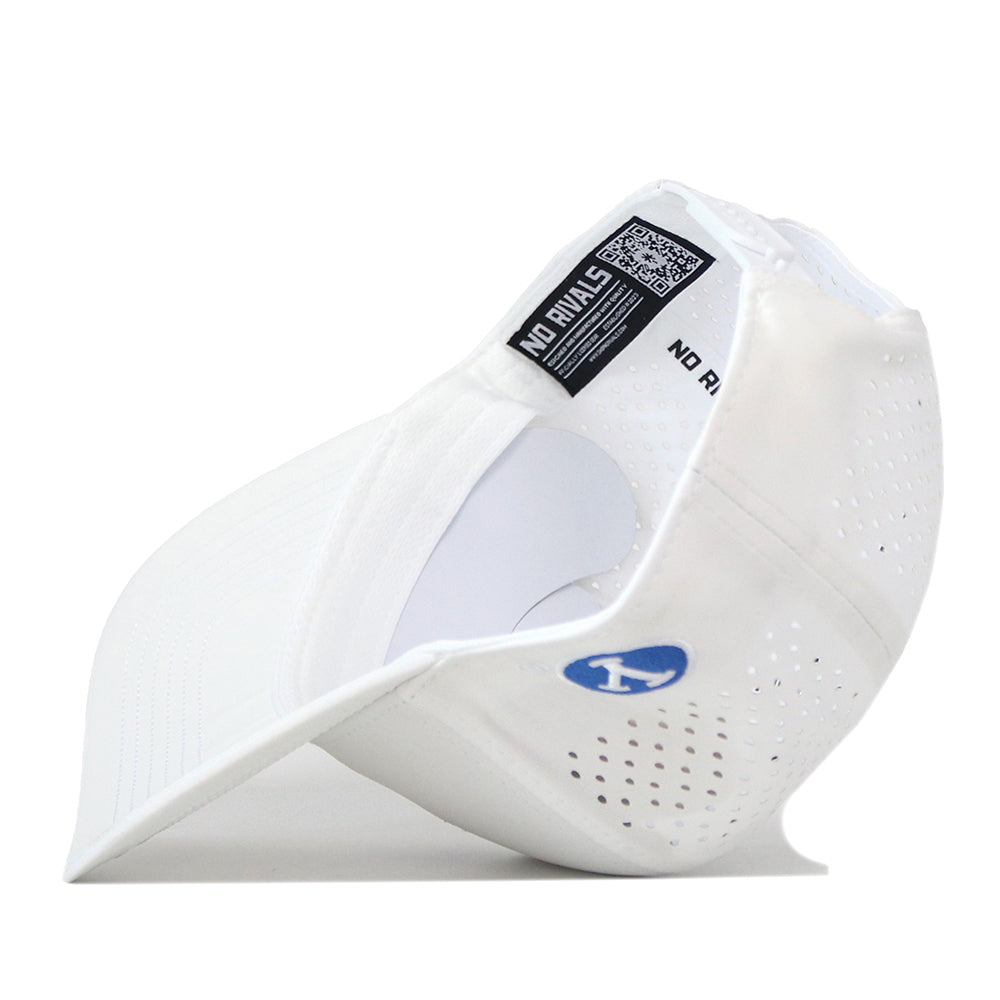 The BYU Cougars Football Mascot Hat in white by No Rivals is pictured flipped upside down, revealing the inside label and a perforated back made from performance fabric. A small blue and white embroidered logo appears on the side of the bill, while a snap back closure provides an adjustable fit.