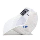 The BYU Cougars Football Mascot Hat in white by No Rivals is pictured flipped upside down, revealing the inside label and a perforated back made from performance fabric. A small blue and white embroidered logo appears on the side of the bill, while a snap back closure provides an adjustable fit.