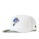 The BYU Cougars Football Mascot Hat - White by No Rivals features an embroidered cartoon cougar in a blue BYU football uniform holding a football, small side ventilation holes, a black N logo on the brim, and an adjustable snap back for a comfortable fit.