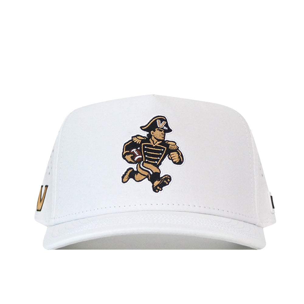The No Rivals Vanderbilt Commodores Football Mascot Hat in white features an embroidered running man mascot dressed in historical military attire, complete with a hat and boots, on the front center. Made from performance fabric, it offers comfort and style with its easy-to-adjust snap back.