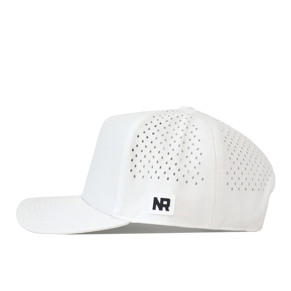 The Vanderbilt Commodores Football Mascot Hat - White by No Rivals is crafted from performance fabric and features small perforated holes on the side panels for enhanced breathability. This sleek white cap is adorned with a black NR logo patch on the side and finished with a convenient snap back closure for an adjustable fit.