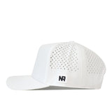 The Vanderbilt Commodores Football Mascot Hat - White by No Rivals is crafted from performance fabric and features small perforated holes on the side panels for enhanced breathability. This sleek white cap is adorned with a black NR logo patch on the side and finished with a convenient snap back closure for an adjustable fit.