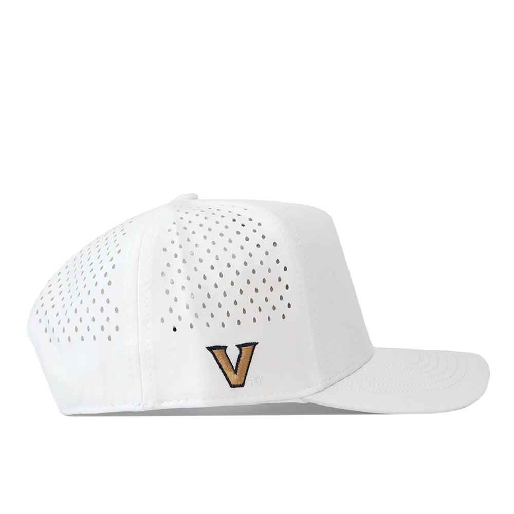 Vanderbilt Commodores Football Mascot Hat - White by No Rivals, featuring small ventilation holes and a gold and black embroidered logo on the side. Made from performance fabric, this hat is displayed from a side angle against a white background.