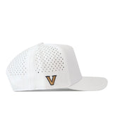 Vanderbilt Commodores Football Mascot Hat - White by No Rivals, featuring small ventilation holes and a gold and black embroidered logo on the side. Made from performance fabric, this hat is displayed from a side angle against a white background.