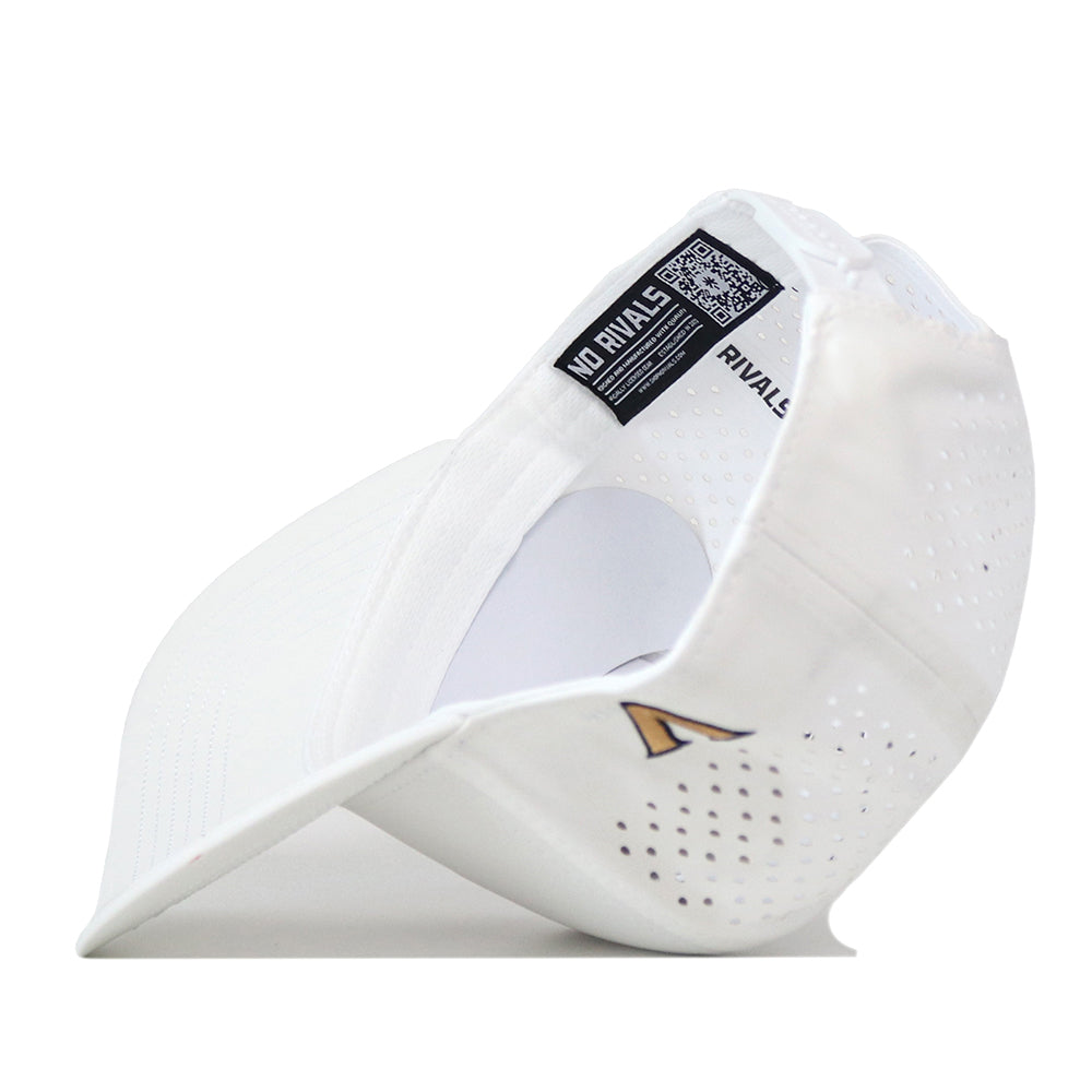 The No Rivals Vanderbilt Commodores Football Mascot Hat in white is displayed from underneath, revealing a black and white label, a QR code, and a small gold triangular logo on the side of the brim. This snapback cap, crafted from perforated performance fabric with an embroidered logo, seamlessly blends style and functionality for everyday wear.