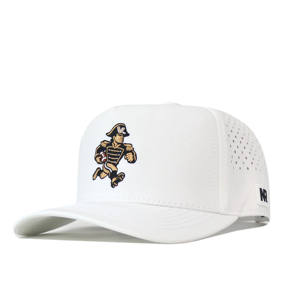 Here’s a rewritten version using your provided product data: The No Rivals Vanderbilt Commodores Football Mascot Hat in white showcases an embroidered cartoon mascot of a running colonial soldier on the front, is crafted from performance fabric with perforated side panels for enhanced breathability, and features a snap back closure along with a small RR logo on the side.