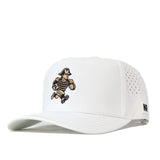 Here’s a rewritten version using your provided product data: The No Rivals Vanderbilt Commodores Football Mascot Hat in white showcases an embroidered cartoon mascot of a running colonial soldier on the front, is crafted from performance fabric with perforated side panels for enhanced breathability, and features a snap back closure along with a small RR logo on the side.