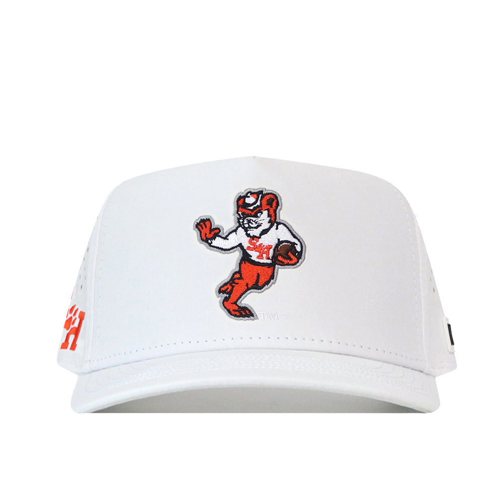 Show your Bearkats pride with the Sam Houston State Football Sammy Hat in white from No Rivals. This officially licensed cap features an embroidered cartoon mascot—Sammy the Bearkat—in a dynamic running pose on the front, sporting a red and white jersey with number 34. Constructed from high-performance fabric and finished with a convenient snap back closure, it’s perfect for true fans.
