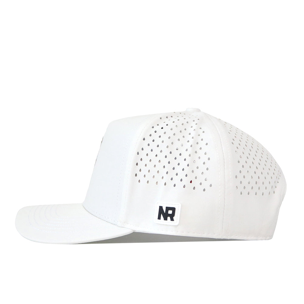 The No Rivals Sam Houston State Football Sammy Hat - White is crafted from premium performance fabric for comfort and durability. This snap back cap features small ventilation holes on the side and back panels, a flat brim, and a distinctive black and white NR logo patch on the left side above the brim—making it perfect for everyday wear.
