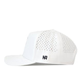 The No Rivals Sam Houston State Football Sammy Hat - White is crafted from premium performance fabric for comfort and durability. This snap back cap features small ventilation holes on the side and back panels, a flat brim, and a distinctive black and white NR logo patch on the left side above the brim—making it perfect for everyday wear.