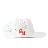 Introducing the Sam Houston State Football Sammy Hat - White from No Rivals. This officially licensed cap is crafted from performance fabric with ventilation holes and showcases an orange SH logo alongside a paw print on the side. Designed for comfort, it features a convenient snap back closure for an adjustable fit.
