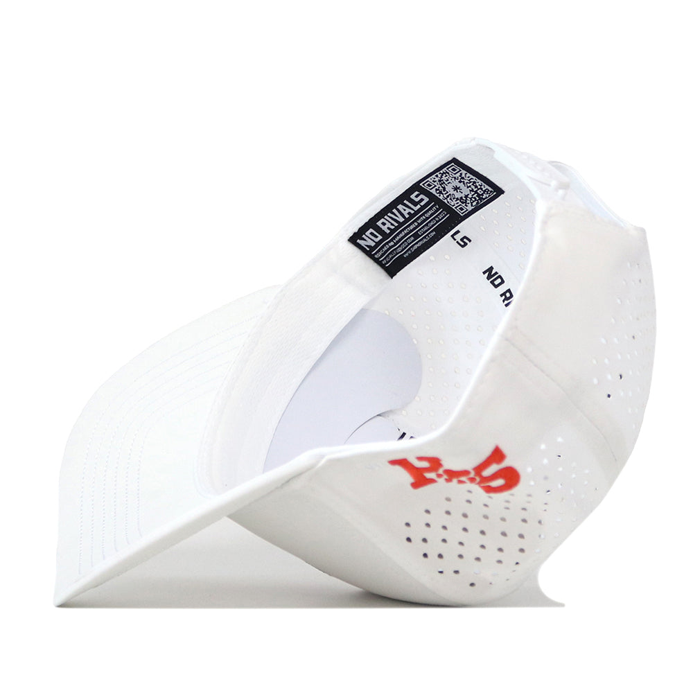 Sam Houston State Football Sammy Hat - White by No Rivals displayed upside down to reveal the inner label featuring NO RIVALS text, a QR code, and a red logo on the side. Made from performance fabric, this hat includes ventilation holes, a curved brim, and a classic Snap Back closure for adjustable comfort.